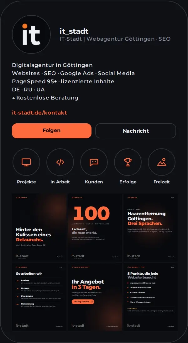 Instagram-Profil von IT-Stadt: Bio und 5 Highlights