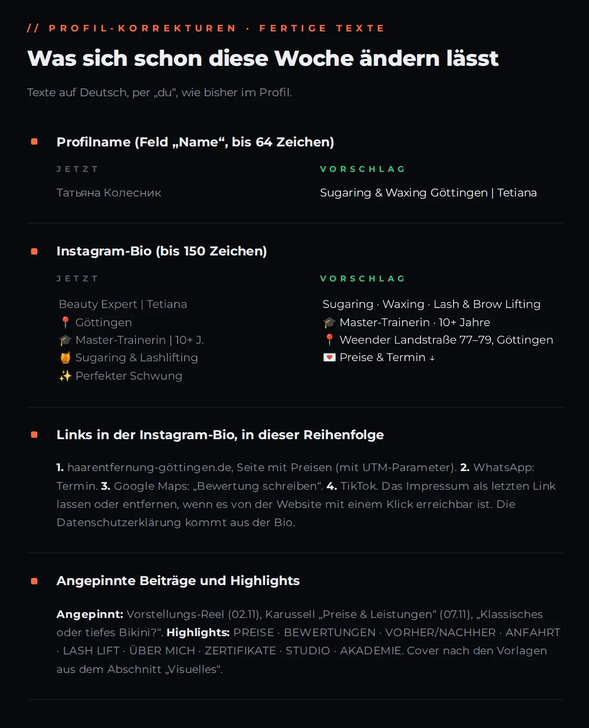 Instagram-Audit für Haarentfernung Göttingen – Profil-Korrekturen